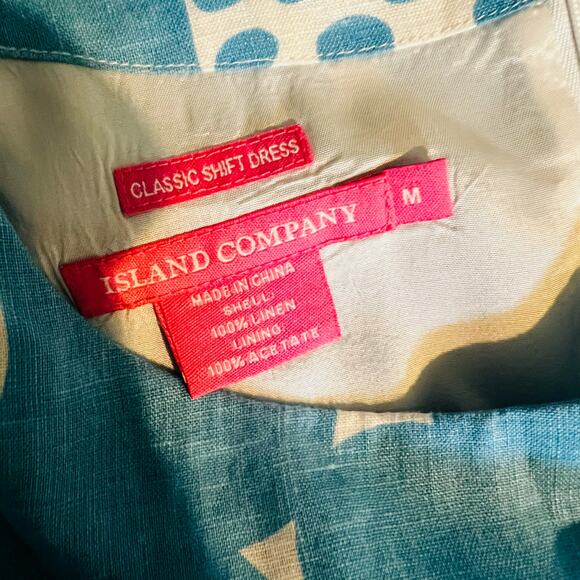 Island Company Linen Tropical Print Classic Shift Dress Size M Medium Blue - Picture 3 of 6